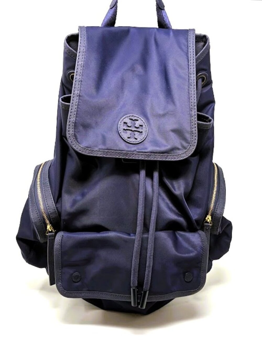 Tory Burch Scout Nylon Backpack Navy Blue Leather Trim Flap Drawstring Rucksack